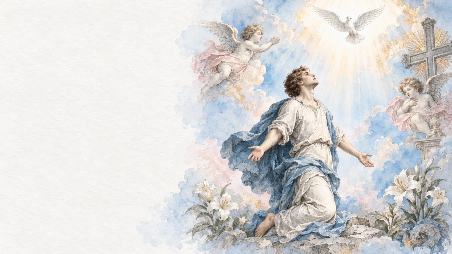 A person rising from kneeling into soft light, with one dove above