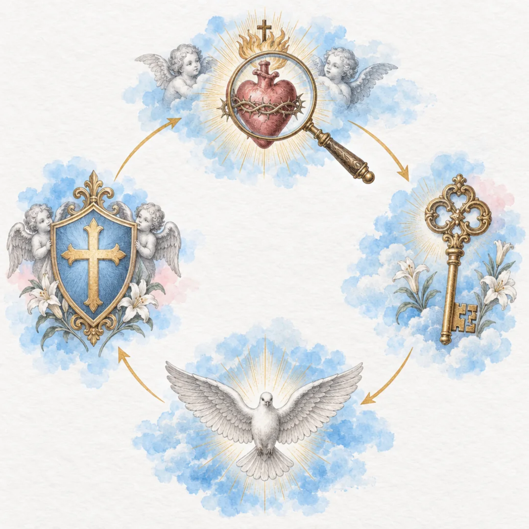 A circle of four emblems: a magnifying glass over a heart, a key, one dove and a shield with a cross