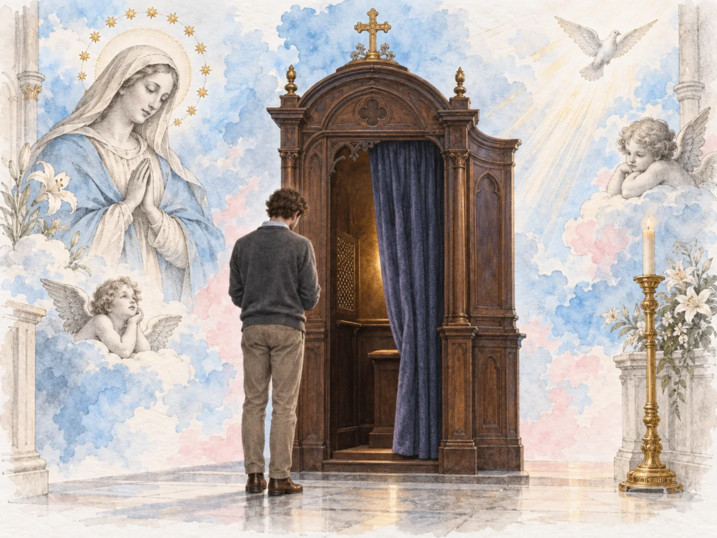 A person standing before an old wooden confessional