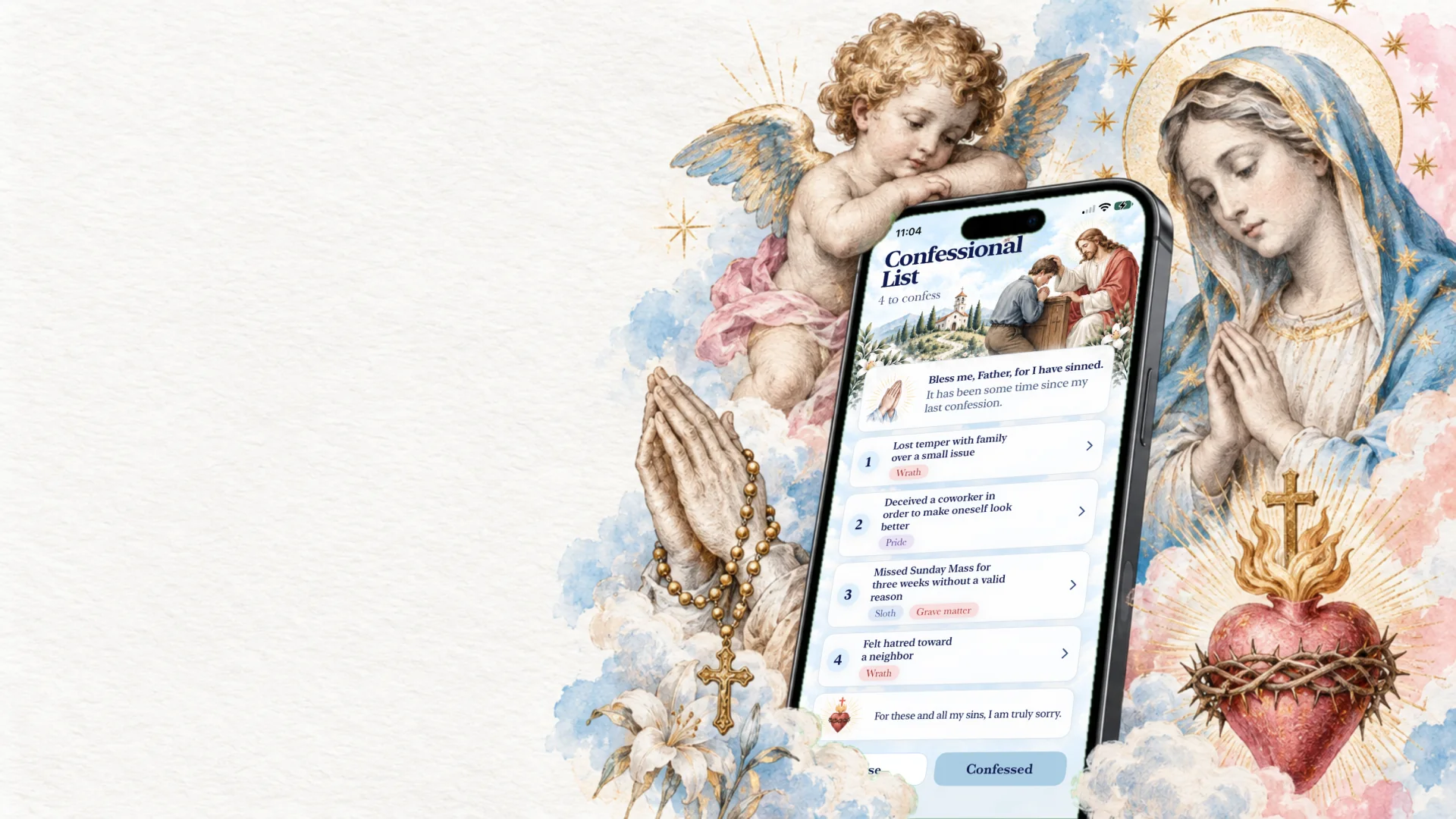 The Holier app on an iPhone showing a confessional list, with a cherub, the Virgin Mary and praying hands