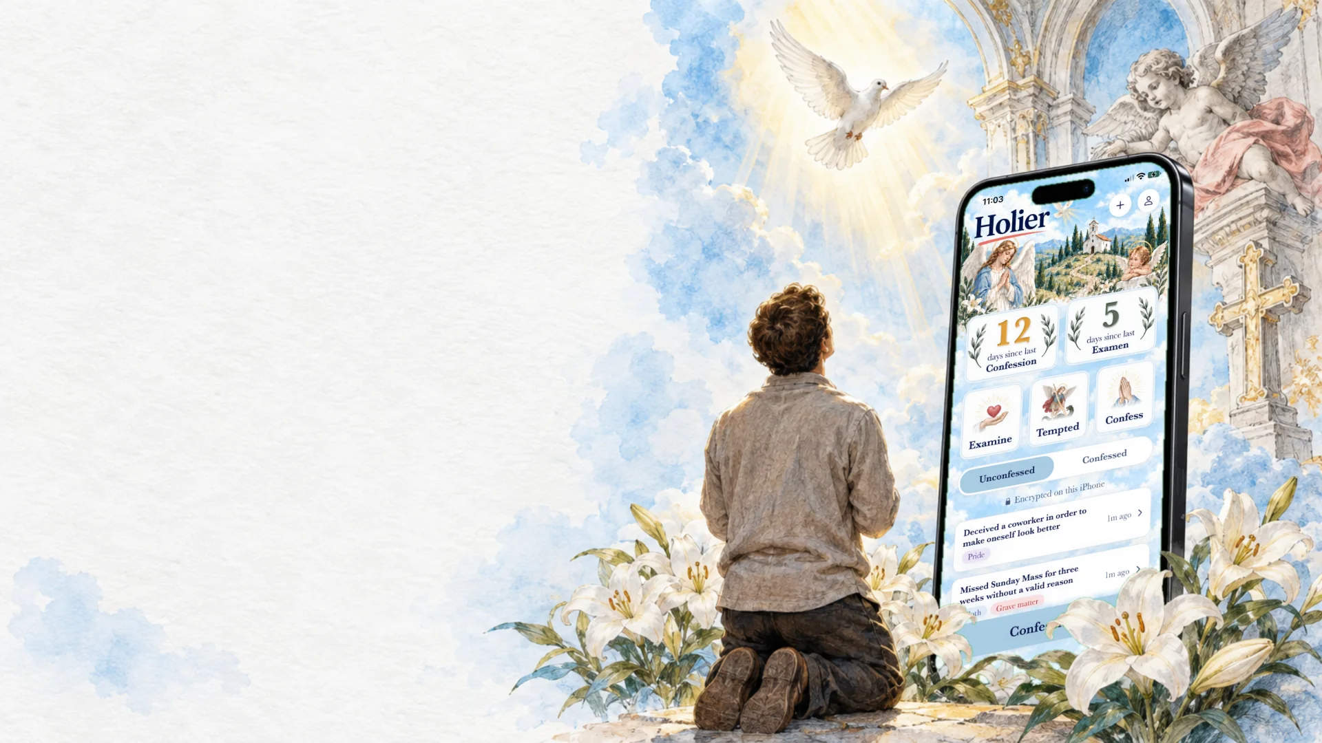 An iPhone showing Holier beside a person kneeling in morning light, in watercolor