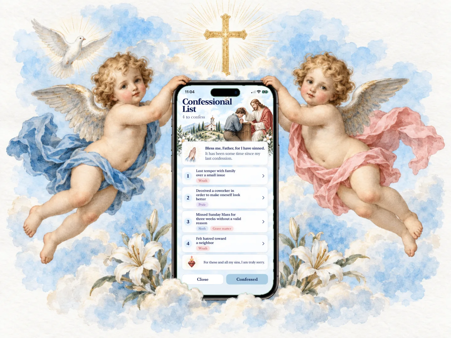 Two cherubs holding up an iPhone showing Holier’s confessional list, in watercolor