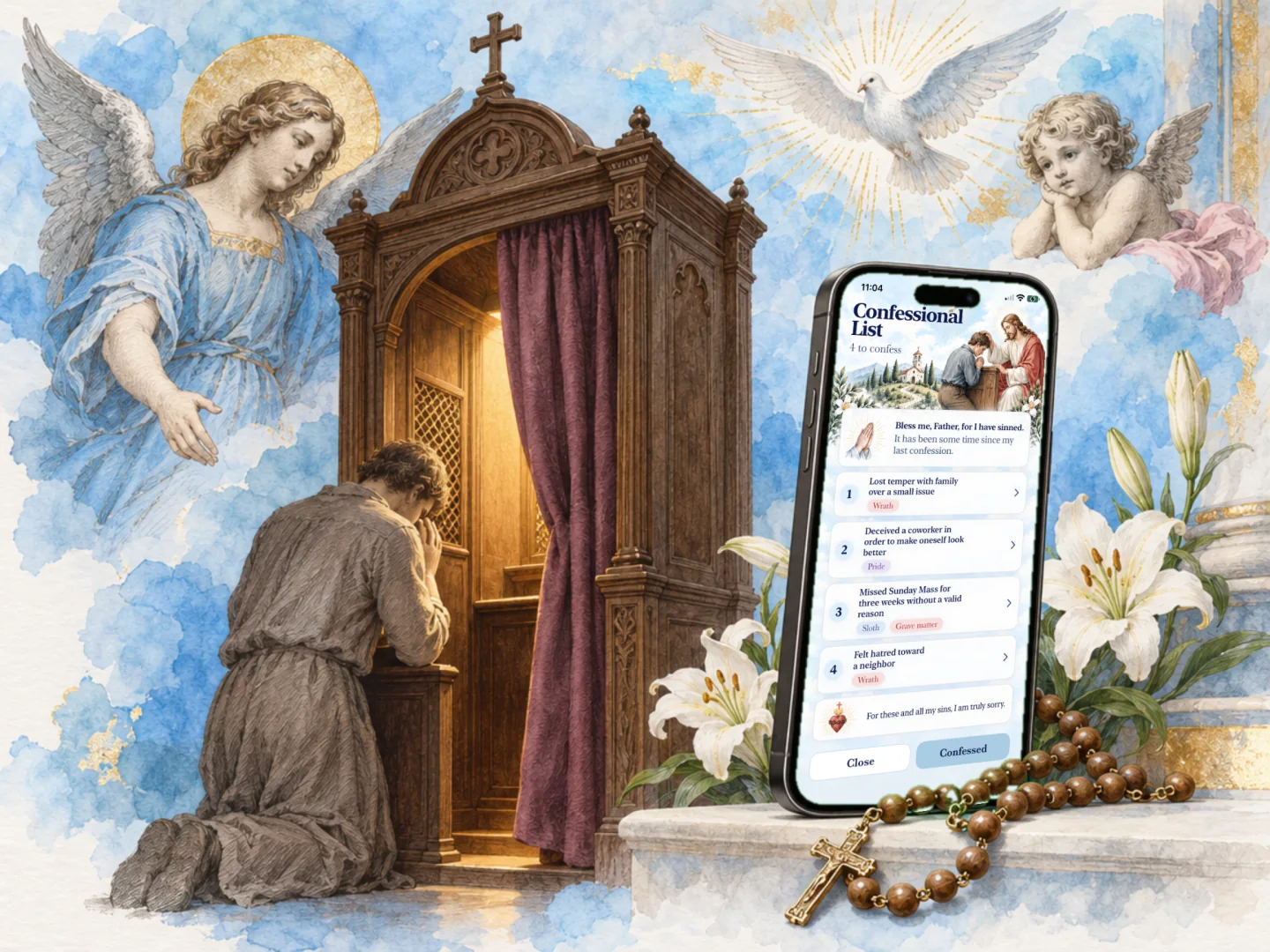 An iPhone showing Holier’s confessional list beside a wooden confessional, in watercolor