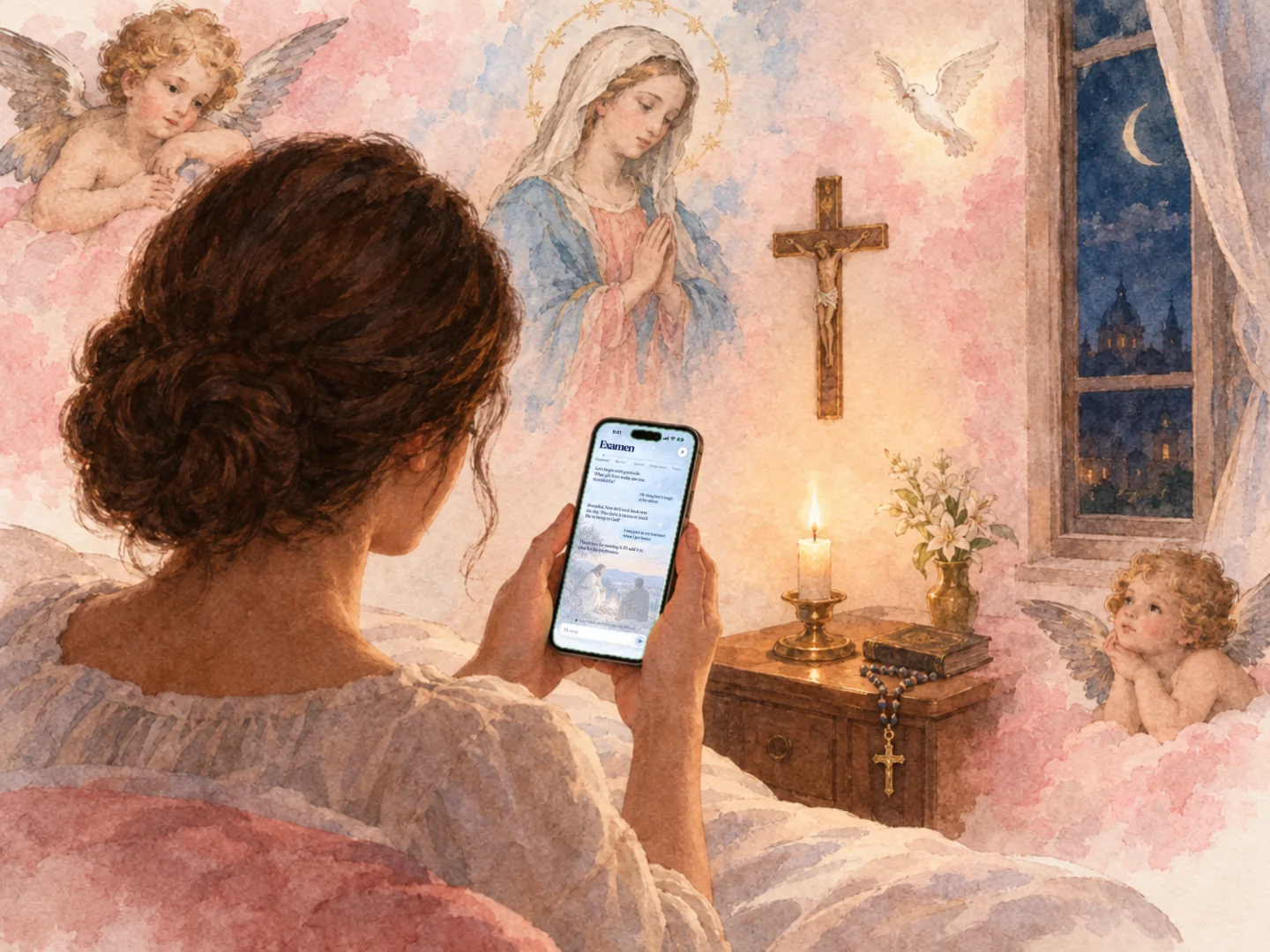 A person holding an iPhone with Holier’s evening examen by candlelight, in watercolor