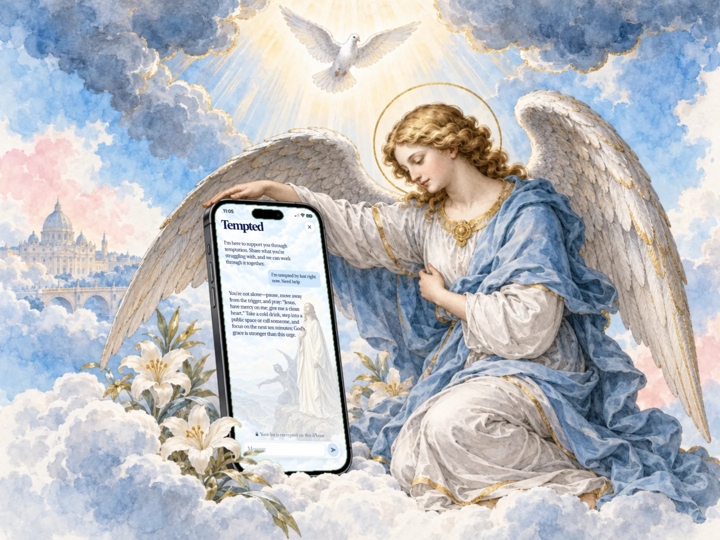 An iPhone showing Holier’s help in temptation, sheltered by a guardian angel’s wing, in watercolor